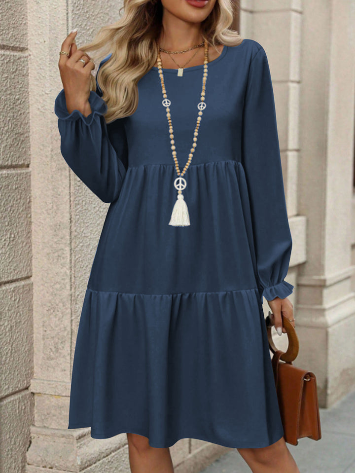 Damen Stufiges Babydoll‑Kleid mit langen Ballonärmeln und Rüschenbündchen – Lunéa