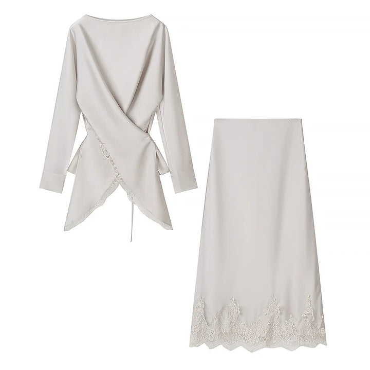 Damen nan Wickelblusen‑ und Midirock‑Set mit Spitzenbesatz Echo Archiv