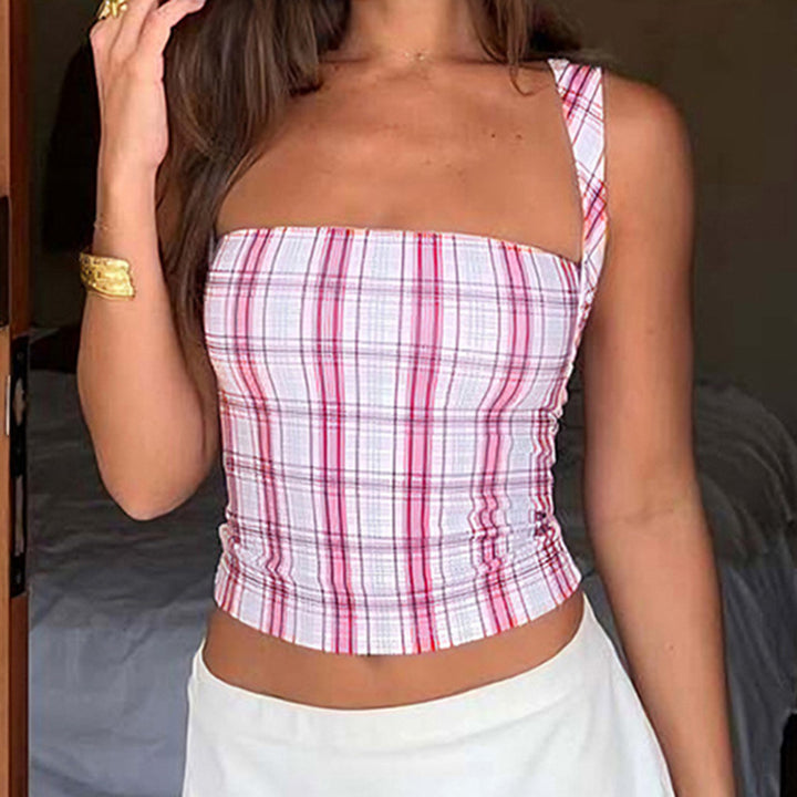 Damen figurbetontes Karo-Top mit elegantem Schnitt und transparenten Einsätzen Echo Archiv