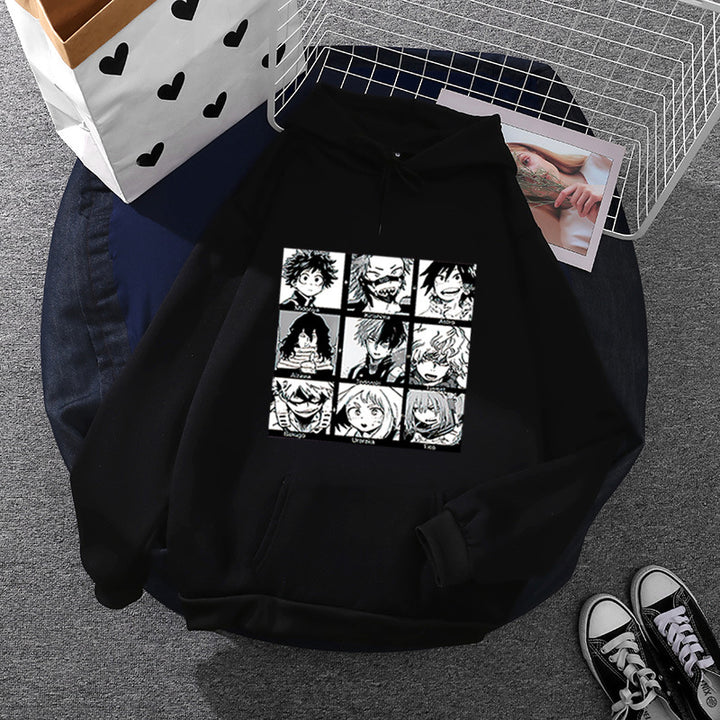 Unisex Kapuzenpullover mit quadratischer Manga-Charakter-Collage, leicht oversizeder Schnitt und Kängurutasche – Auréline