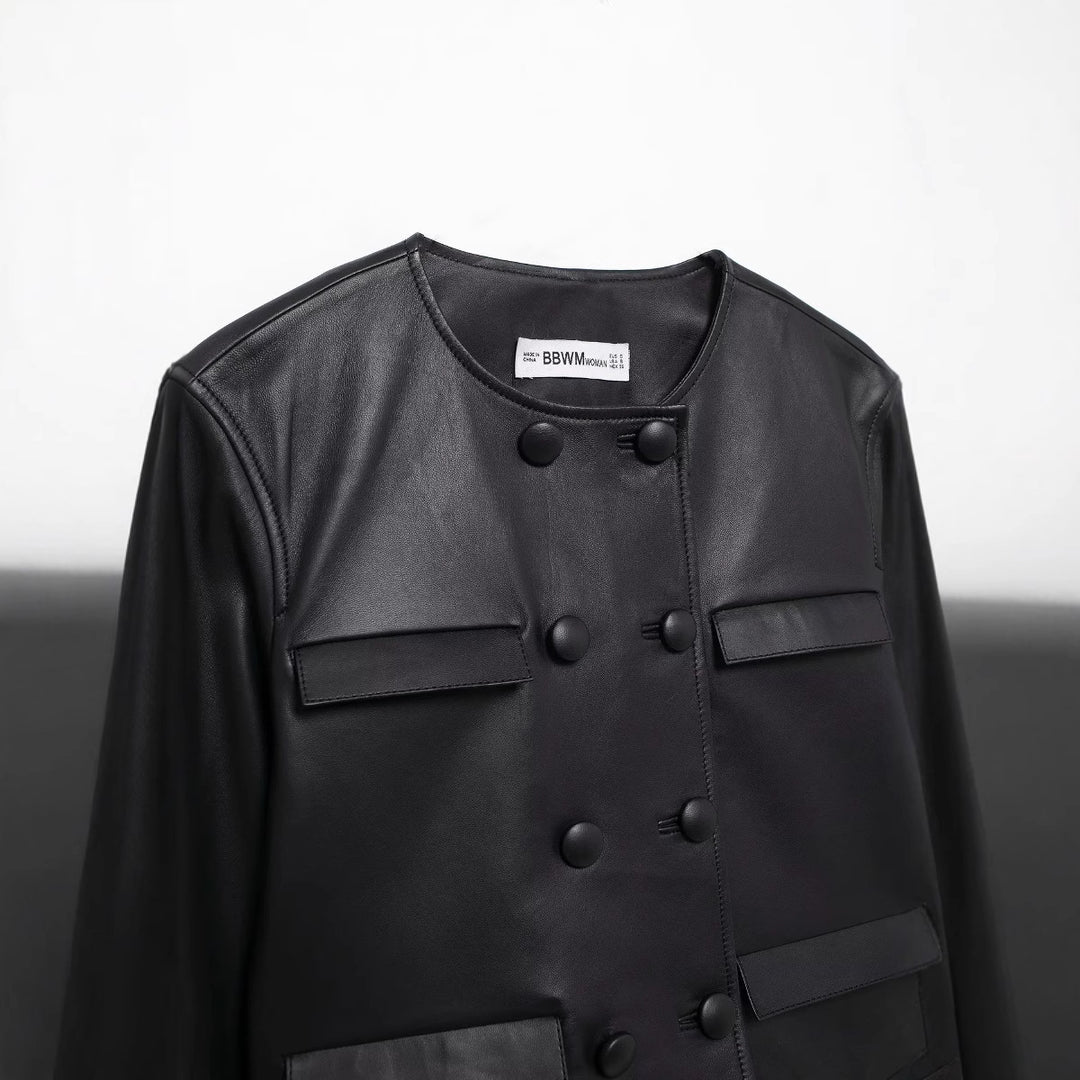 Damen nan kurz geschnittene Double‑Breasted Lederimitat Jacke mit Pattentaschen Echo Archiv