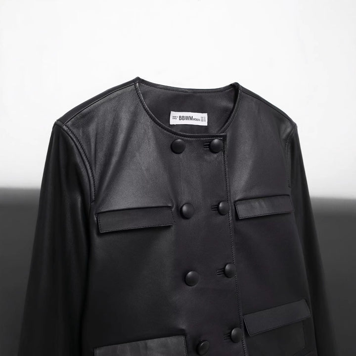 Damen nan kurz geschnittene Double‑Breasted Lederimitat Jacke mit Pattentaschen Echo Archiv
