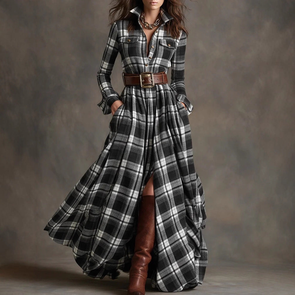 Damen nan karierte Maxikleid Hemdblusenkleid mit ausgestelltem Rock und breitem Taillengürtel Echo Archiv