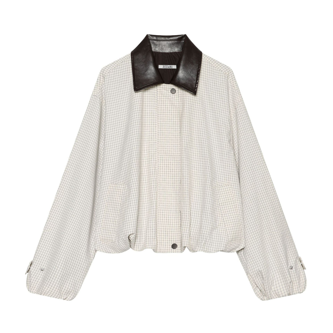 Damen Oversize-Boxy-Jacke mit Karomuster, Kunstleder-Revers und Kordelzugsaum Echo Archiv