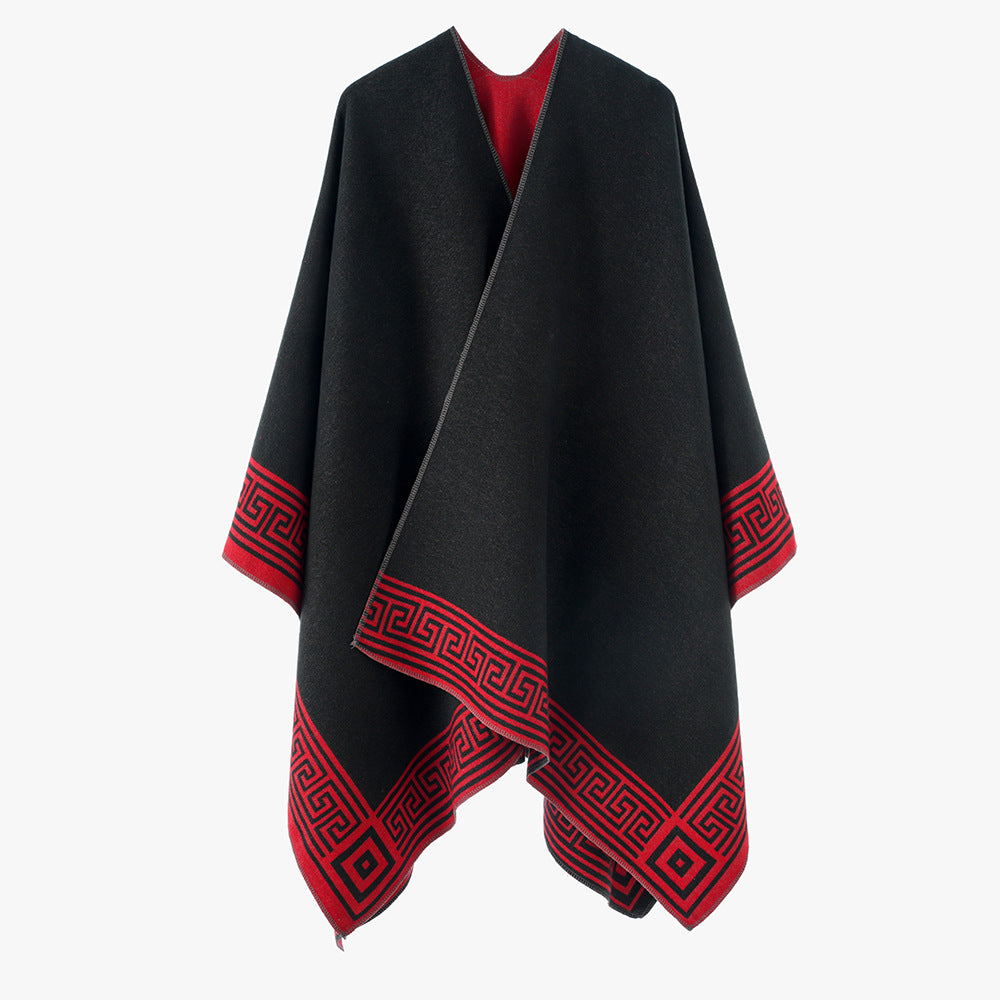 Damen Poncho‑Cape mit griechischer Bordüre, V‑Ausschnitt und kastigem Oversize‑Schnitt – Avérine