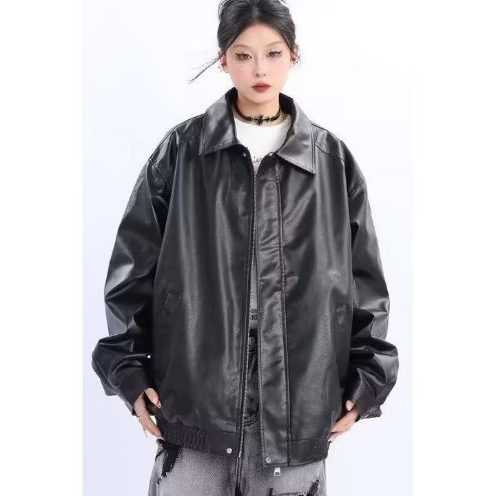 Damen Oversized Kunstleder-Blouson mit elastischem Saum und Hemdkragen Echoarchiv
