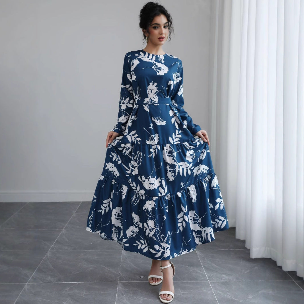 Damen Langes Blumen-Tiered-Maxikleid mit Taillengürtel & Rundhalsausschnitt Echoarchiv