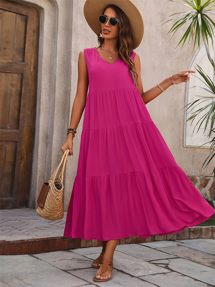 Damen Elegantes Sommer-Maxi-Kleid mit voluminösem Rock und V-Ausschnitt Echo Archiv
