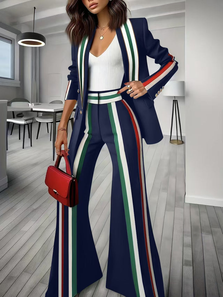 Damen Elegantes Blazer‑Hosenensemble mit seitlichen Kontraststreifen und weitem Schlag – Valéne