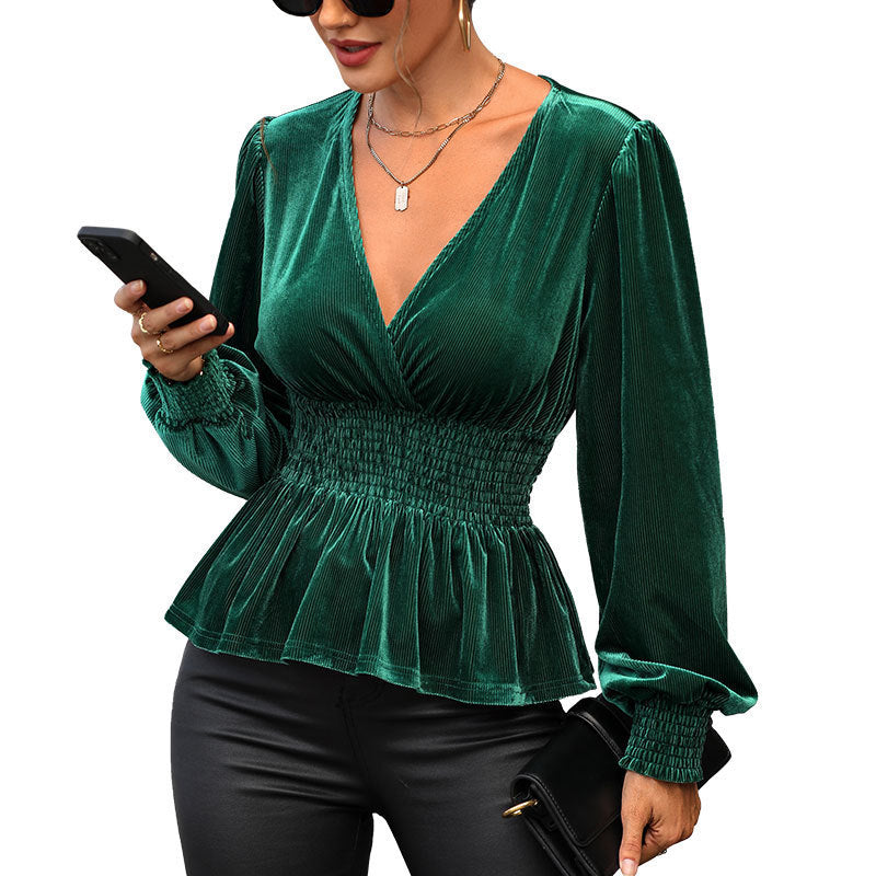Damen Samtbluse mit V-Ausschnitt, geraffter Smock-Taille und Peplum Echoarchiv