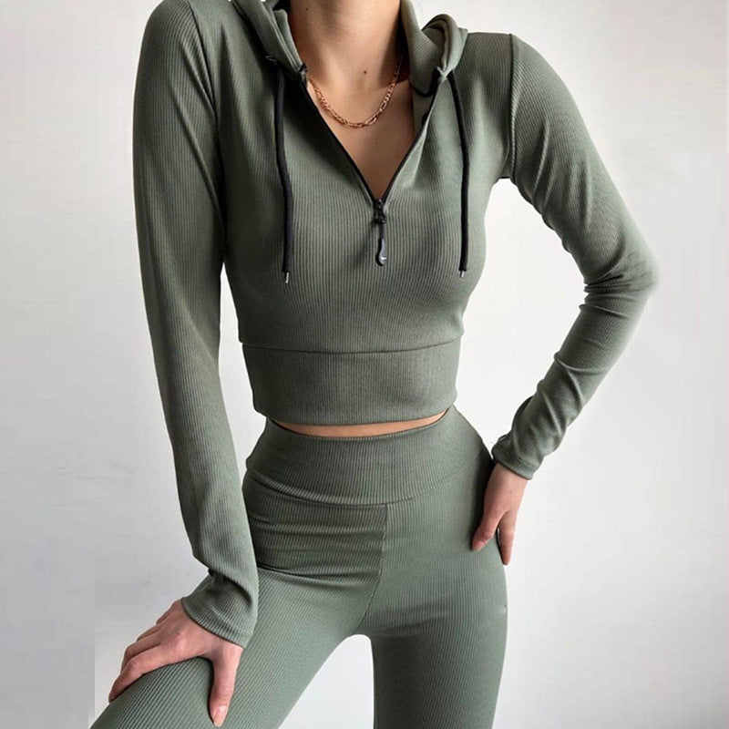 Damen figurnahes Rippjersey-Halbzip-Set mit tailliertem Longsleeve und High-Waist-Leggings – Avérine