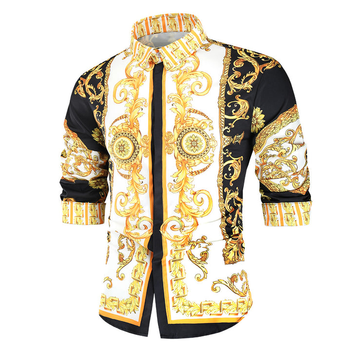 Herren nan barockes Langarm-Hemd mit ornamentalem Druck, Kentkragen und tailliertem Schnitt Echo Archiv