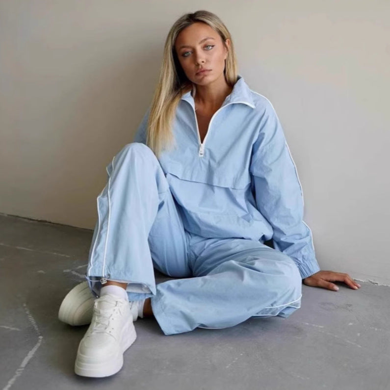 Damen Oversized Windjacke Halbzip-Anorak mit Kängurutasche und Paspelierung – Célinea