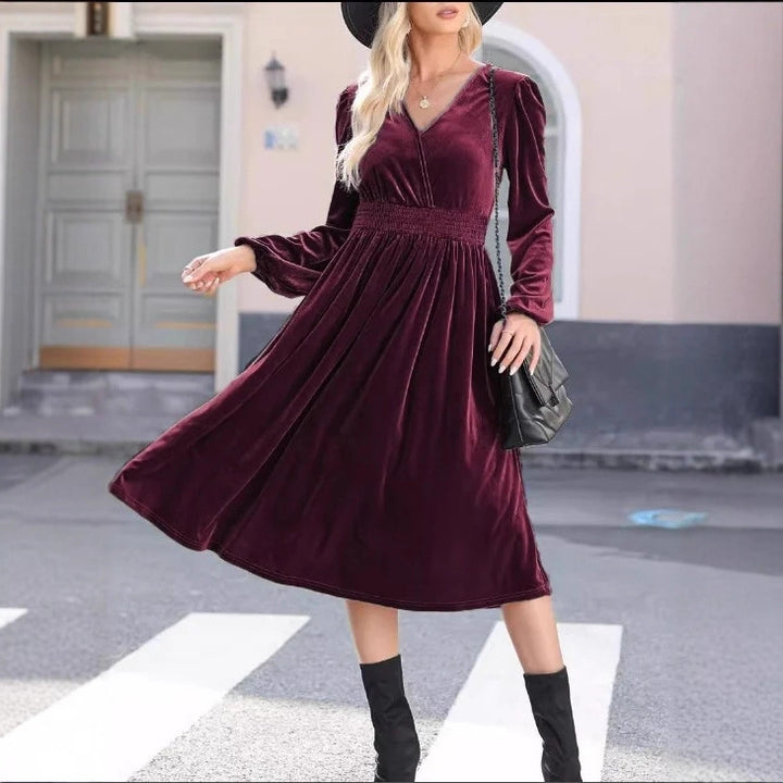 Damen Midikleid aus Samt mit V-Ausschnitt, geraffter Smock-Taille und langen Ballonärmeln – Élara