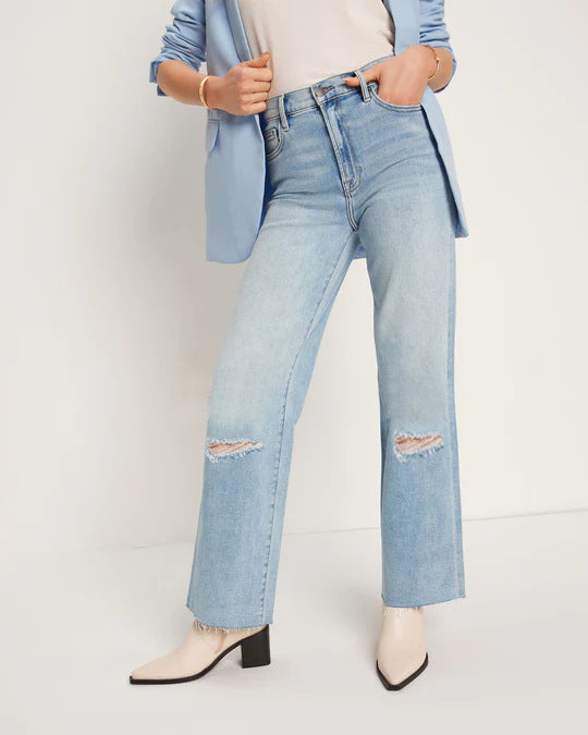 Damen High-Waist Jeans mit fransigem Saum und modischen Rissdetails Echo Archiv