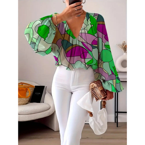 Damen oversized Bluse mit farbenfrohem grafischen Muster und weit ausgestellten Ärmeln Echo Archiv