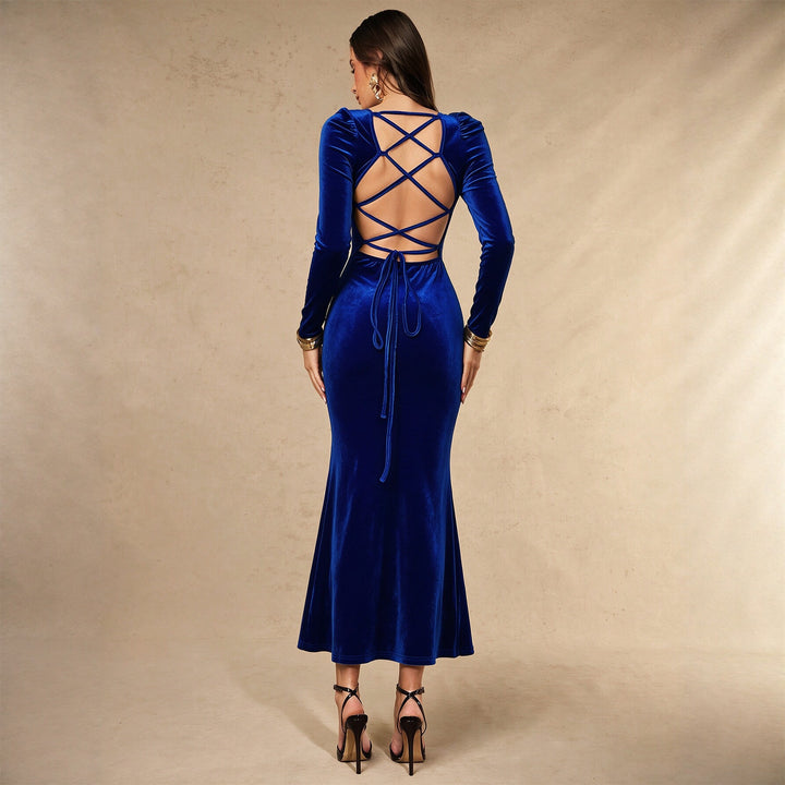 Damen eng anliegendes Samt-Maxiabendkleid mit quadratischem Ausschnitt und Meerjungfrauen-Silhouette – Valéora