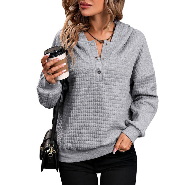 Damen Gestepptes Waffelstrick-Henley-Hoodie mit Druckknopfleiste Echoarchiv