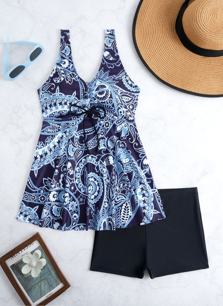 Damen Tankini-Set mit modischem Volant und grafischem Pfauenmuster Echo Archiv
