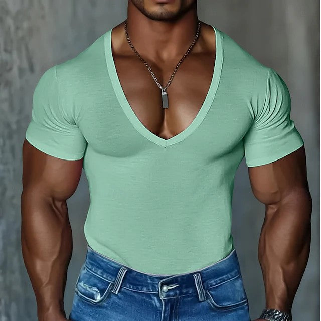 Herren Figurbetontes V-Ausschnitt T-Shirt aus leichtem Baumwollmix Echoarchiv