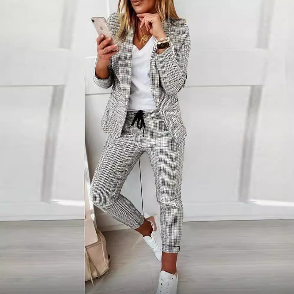 Damen Zweiteiler karierter Blazer und Slim-Fit Jogginghose mit Tunnelzug – Valéne