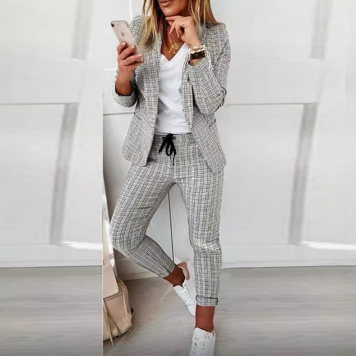 Damen Zweiteiler karierter Blazer und Slim-Fit Jogginghose mit Tunnelzug – Valéne
