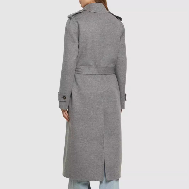 Damen Midilanger Taillierter Doppelreiher‑Trenchcoat aus Wollmix mit ausgestelltem Saum Echoarchiv