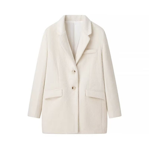Damen nan minimalistischer midilanger Mantelblazer mit strukturierter Oberfläche, Reverskragen und Pattentaschen Echo Archiv