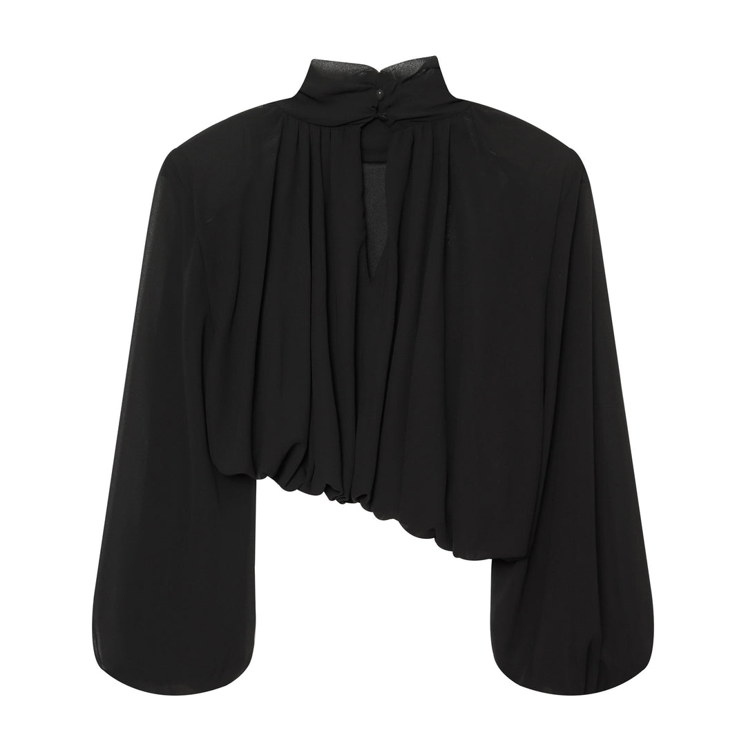 Damen Elegante Cropped Bluse mit hohem Stehkragen, Plissée-Falten und Ballonärmeln Echo Archiv