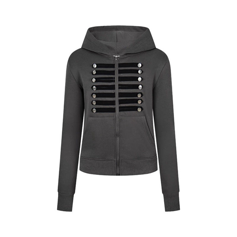 Damen Kapuzen-Sweatjacke mit dekorativer Militär‑Bortenleiste und Zierknöpfen Echoarchiv
