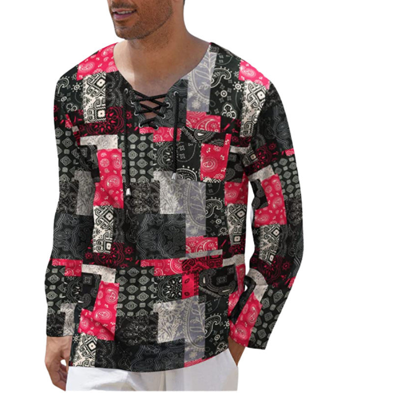 Herren Langarmshirt mit einzigartigem Schnürdetail und kreativem Patchwork-Muster Echoarchiv