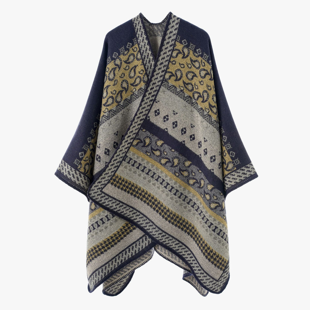 Damen Strickcape im Paisley‑Jacquard mit asymmetrischem Saum – Avérine