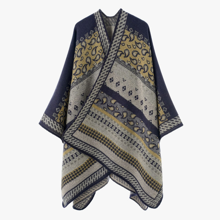 Damen Strickcape im Paisley‑Jacquard mit asymmetrischem Saum – Avérine