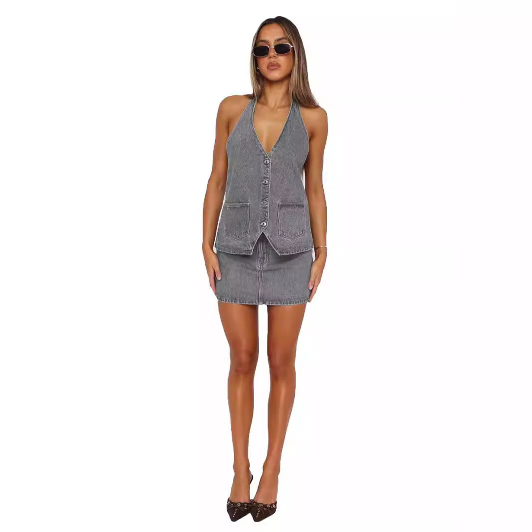 Damen Denim-Kleid mit ärmellosem Design und praktischen Taschen Echo Archiv