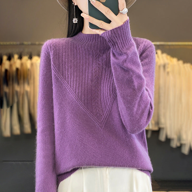 Damen Lockerer Mohair‑Blend Pullover mit strukturierter V‑Paneel und Stehkragen Echoarchiv