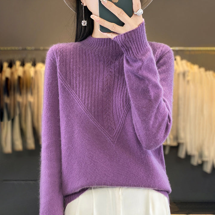 Damen Lockerer Mohair‑Blend Pullover mit strukturierter V‑Paneel und Stehkragen Echoarchiv