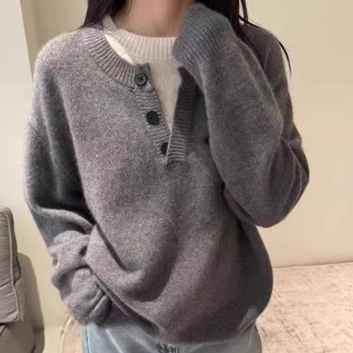 Damen Oversize-Henley-Pullover aus flauschigem Mohair‑Look mit Knopfleiste Echoarchiv