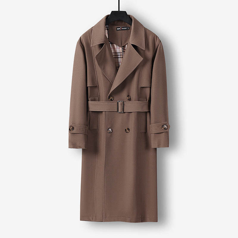 Herren Midilanger Doppelreihiger Trenchcoat mit Taillengürtel, abgefalcetem Revers und kariertem Innenfutter Echoarchiv
