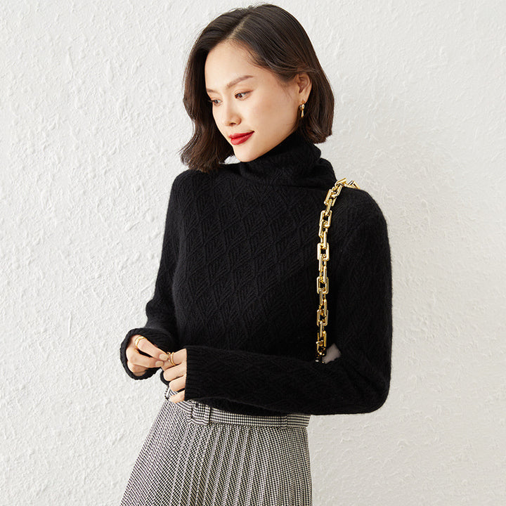 Damen Luxuriöser Mohair‑Mix Rollkragenpullover mit diamantgewEchoarchivter Ajourstruktur Echoarchiv