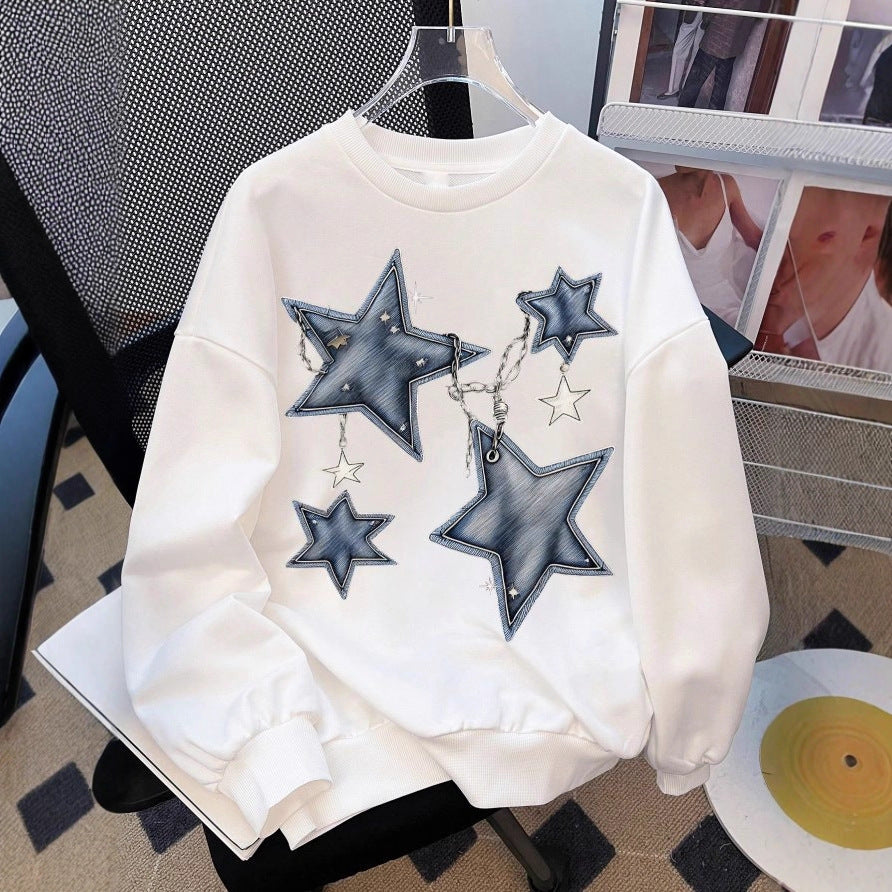 Damen nan lässiges Oversize-Sweatshirt mit gestickten Stern-Applikationen in Jeans-Optik und geripptem Saum Echo Archiv