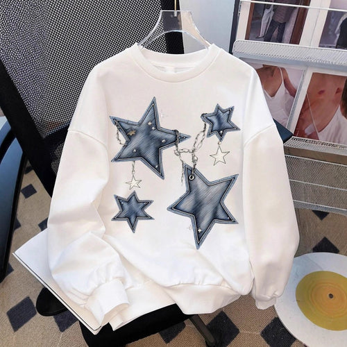 Damen nan lässiges Oversize-Sweatshirt mit gestickten Stern-Applikationen in Jeans-Optik und geripptem Saum Echo Archiv