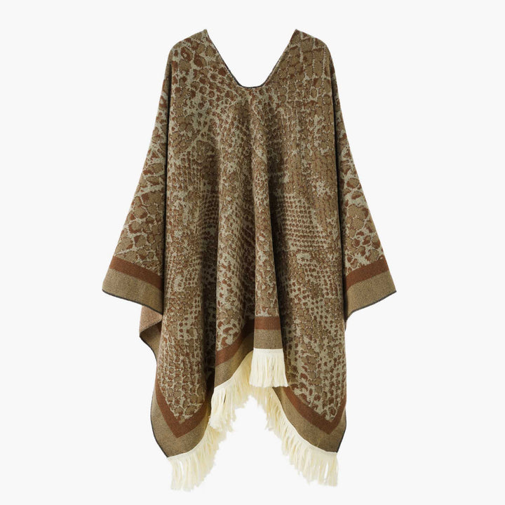Damen Jacquard-Poncho mit V-Ausschnitt, Animalprint und Fransensaum – Avérine