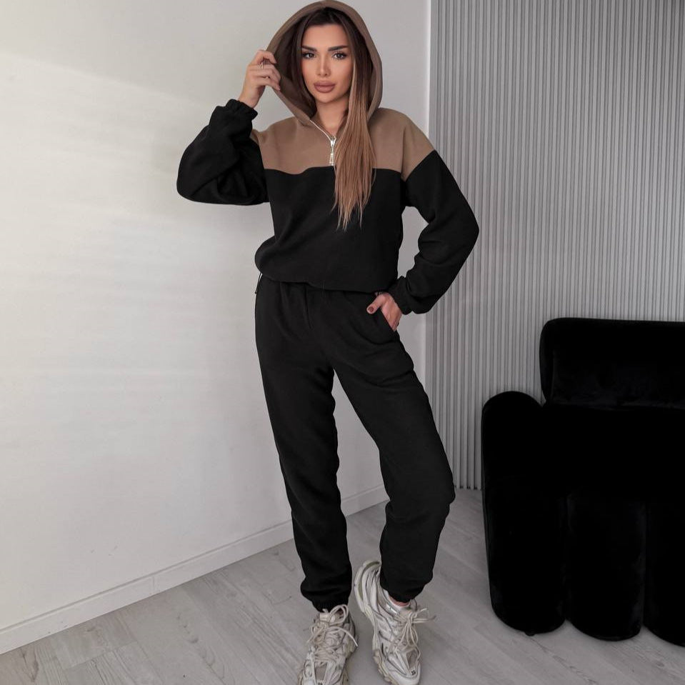 Damen Zweiteiliges Farbblock-Loungewear-Set mit halbem Reißverschluss und schmaler Jogginghose – Avérine