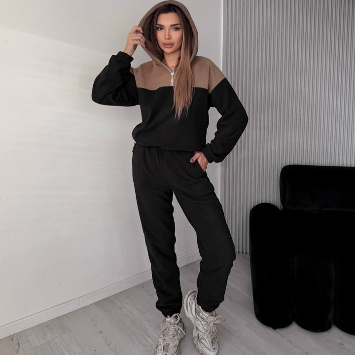 Damen Zweiteiliges Farbblock-Loungewear-Set mit halbem Reißverschluss und schmaler Jogginghose – Avérine
