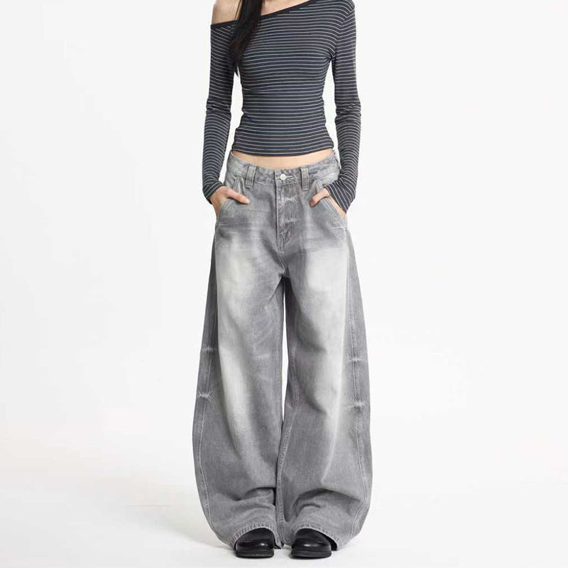 Damen Ultraweite Bodenlange Denim-Palazzohose mit tiefem Schritt und Vintage-Fade Echo Archiv