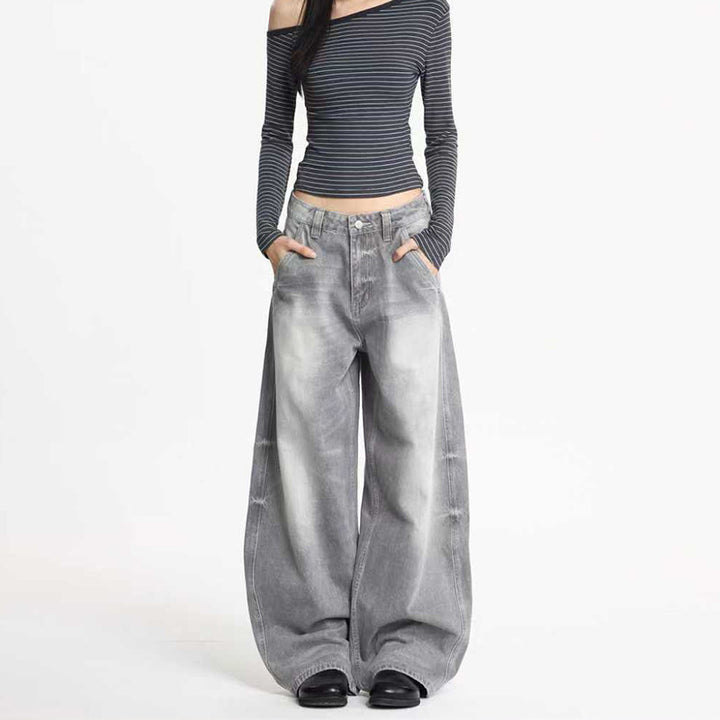 Damen Ultraweite Bodenlange Denim-Palazzohose mit tiefem Schritt und Vintage-Fade Echo Archiv