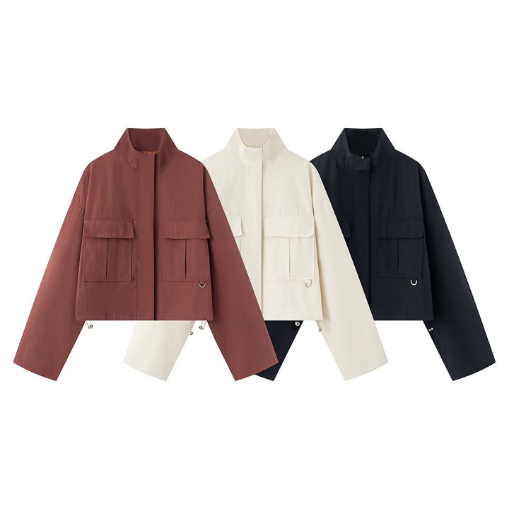 Damen Kurz geschnittene Utility-Jacke mit Stehkragen und aufgesetzten Taschen Echo Archiv