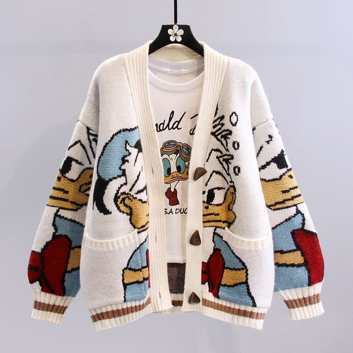 Damen Cartoon-Design Strickjacke mit breiten Ärmeln und Taschen Echoarchiv