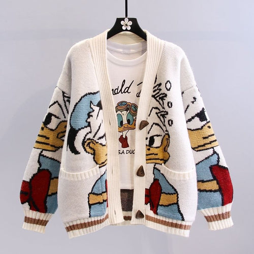 Damen Cartoon-Design Strickjacke mit breiten Ärmeln und Taschen Echoarchiv