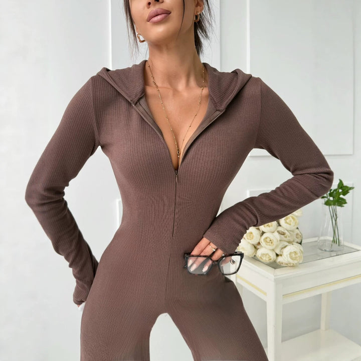Damen Rippstrick Jumpsuit mit Kapuze und Front-Reißverschluss Echoarchiv